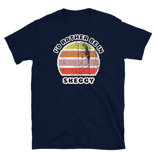 Vintage style distressed effect sunset graphic design t-shirt entitled I'd Rather be in Skeggy aka Skegness on this navy cotton tee