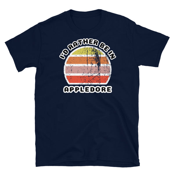 Vintage style distressed effect sunset graphic design t-shirt entitled I'd Rather be in Appledore on this navy cotton tee
