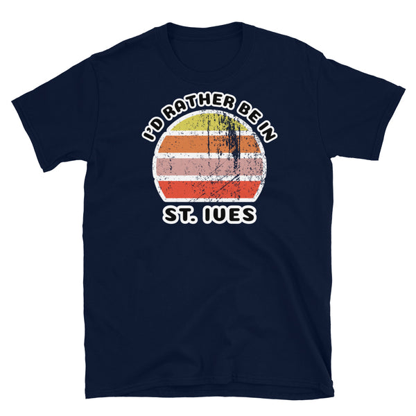 Vintage style distressed effect sunset graphic design t-shirt entitled I'd Rather be in St. Ives on this navy cotton tee