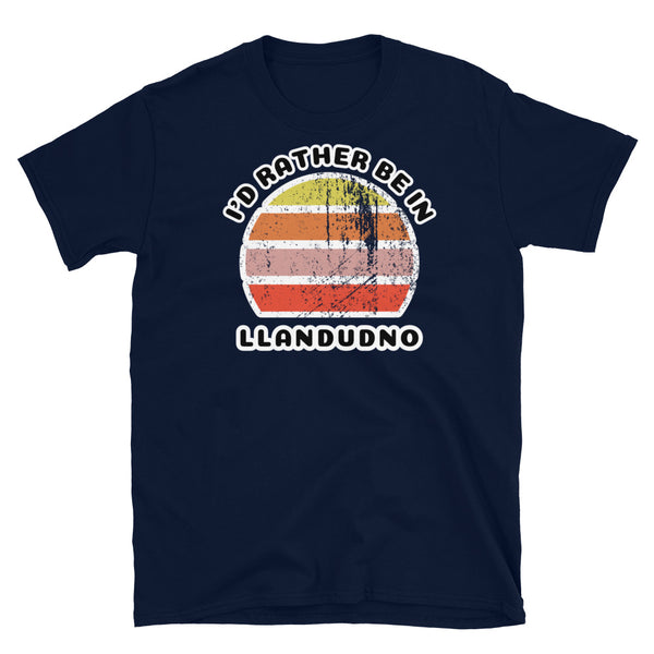Vintage style distressed effect sunset graphic design t-shirt entitled I'd Rather be in Stromness on this navy cotton tee