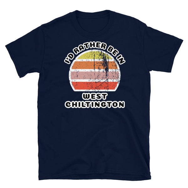 Vintage style distressed effect sunset graphic design t-shirt entitled I'd Rather be in West Chiltington on this navy cotton tee