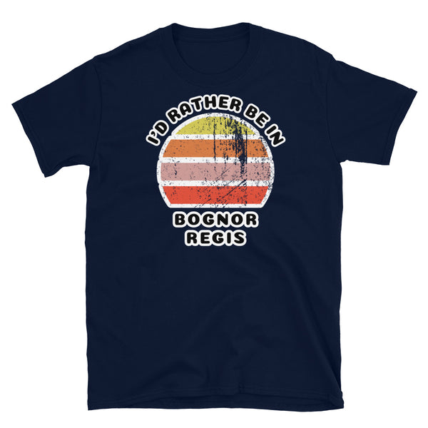 Vintage style distressed effect sunset graphic design t-shirt entitled I'd Rather be in Bognor Regis on this navy cotton tee