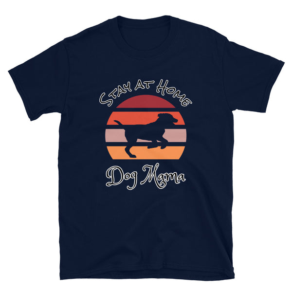 Cute Dog themed navy t-shirt with sunset design and Labrador dog silhouette and the words Stay at Home Dog Mama