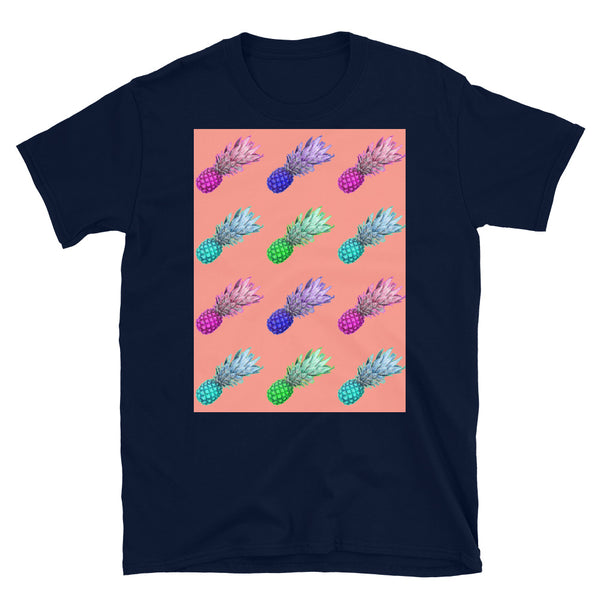 Brightly coloured pineapples in a diagonal formation against a peach background on this navy cotton t-shirtt