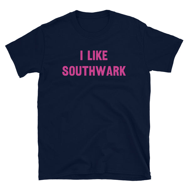 I like Southwark Slogan T-Shirt in pink font on this navy cotton tee