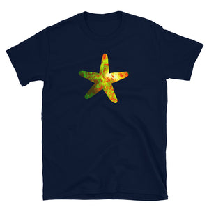 Colourful gold, orange, yellow and green abstract patterned starfish graphic on this navy cotton t-shirt by BillingtonPix