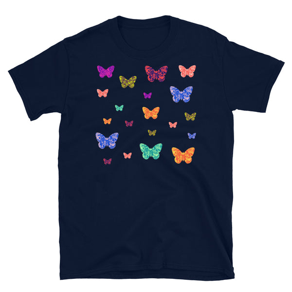 Multicoloured rainbow floral patterned butterflies on this cute navy cotton t-shirt by BillingtonPix