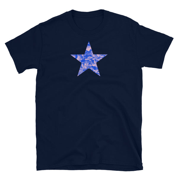 Blue floral star cutout with pink tones on this cotton navy t-shirt