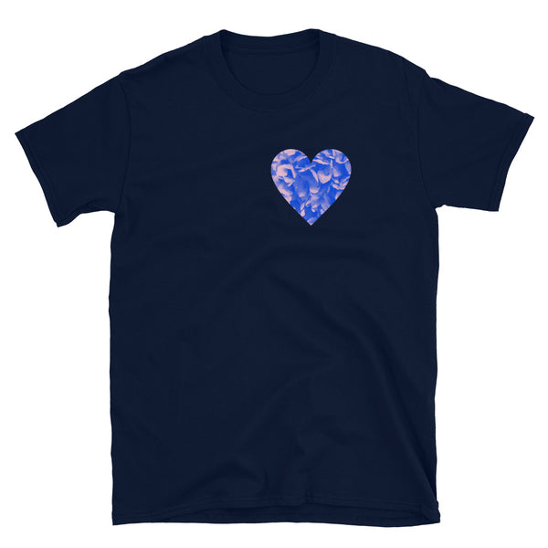 Blue floral patterned blue heart with tones of pink positioned in the heart position on this navy cotton-t-shirt