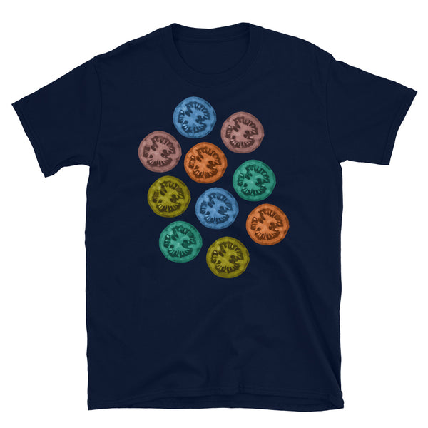 Multicoloured tomato slices in red, blue, purple, yellow and green on this navy cotton t-shirt by BillingtonPix