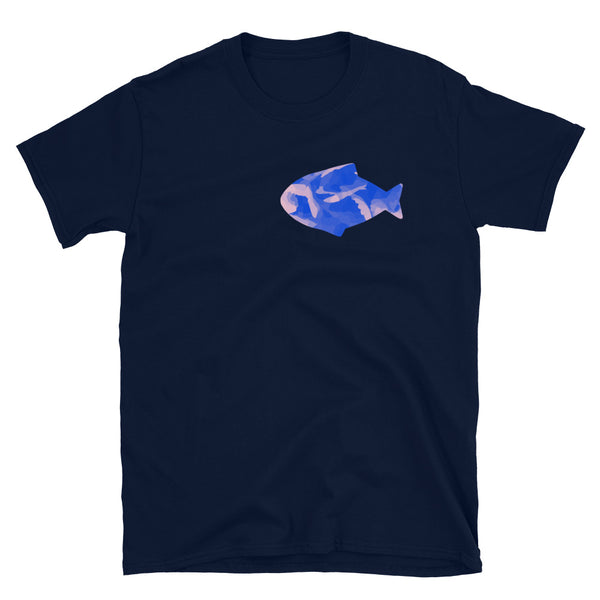 Cut out fish graphic containing a closeup blue floral pattern on this navy cotton t-shirt by BillingtonPix 