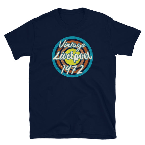 Vintage Liverpool Est. 1972 retro vintage grunge style design in turquoise, orange, pink and yellow tones for birthday gift ideas on this navy cotton t-shirt