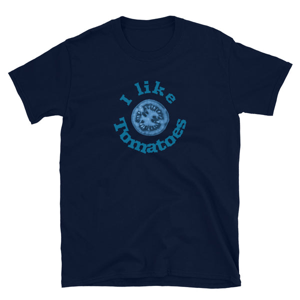 Blue tomato with funny the slogan I like tomatoes on this black navy graphic t-shirt