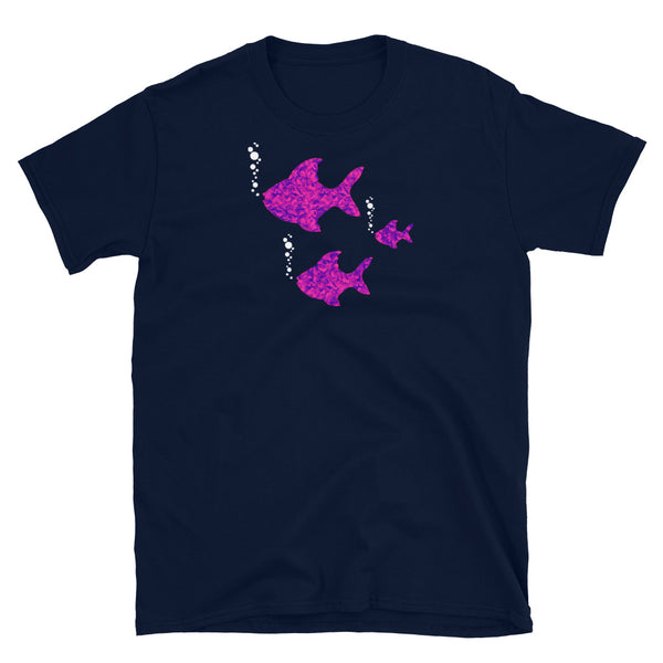 Group of 3 pink patterned fish on this navy cotton t-shirt by BillingtonPix