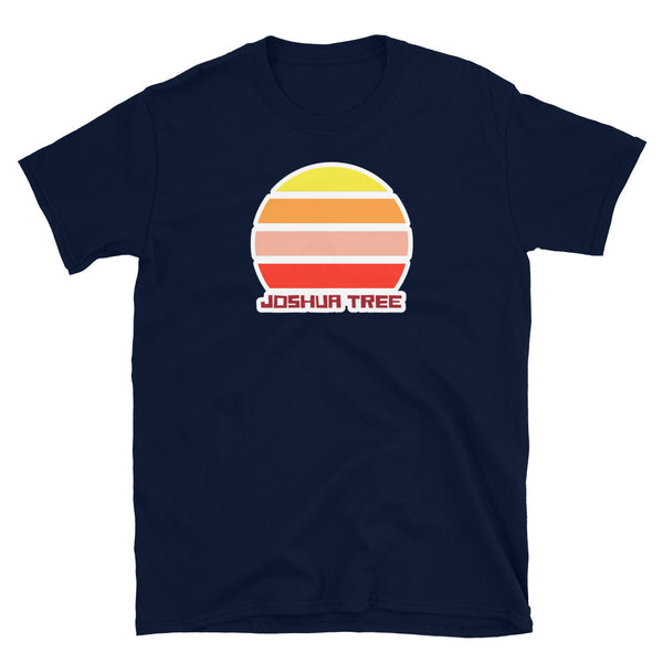 Joshua Tree California vintage sunset graphic t-shirt with a striped sun in yellow, orange, pink and scarlet and the name Joshua Tree underneath on this navy t-shirt