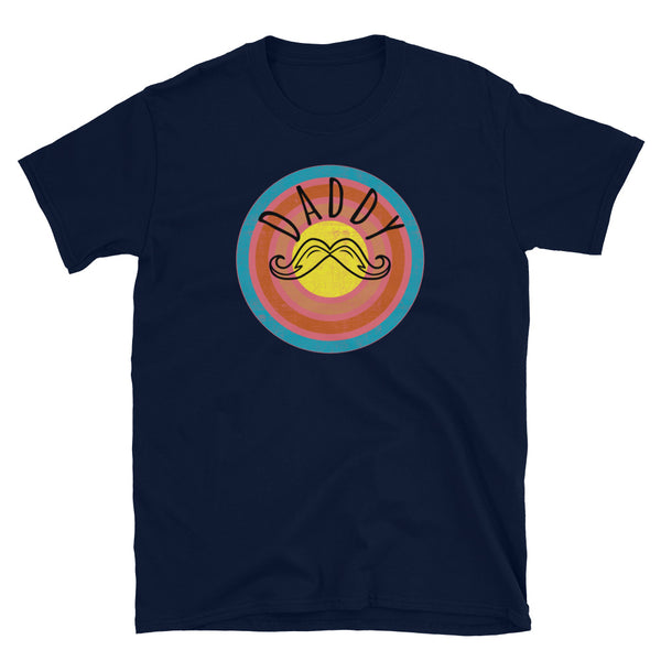 Gay daddy LGBT meme design with moustache graphic on a concentric retro vintage style graphic on this navy cotton t-shirt