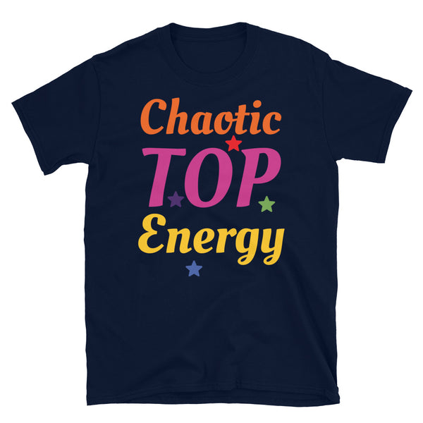 LGBT t-shirt with the slogan meme Chaotic Top Energy and stars all in the colours of the gay rainbow flag on this navy cotton tee