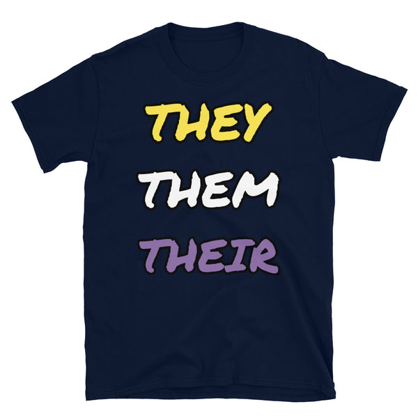 They They Their Non-binary slogan t-shirt in non binary colour scheme on this navy cotton LGBT t-shirt