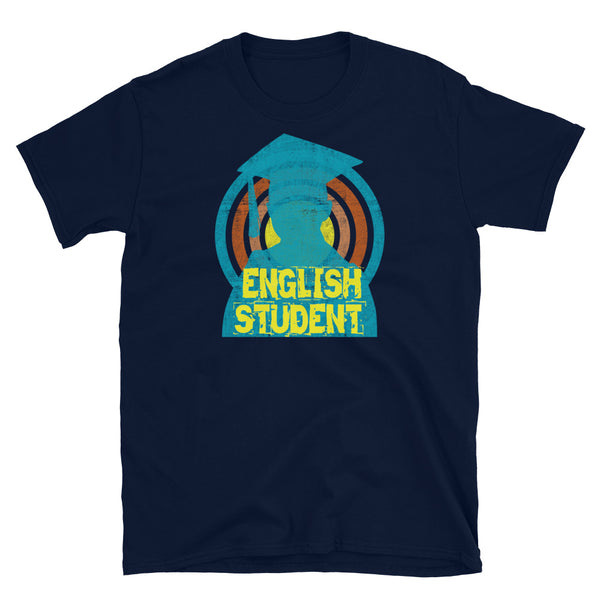 English Student novelty tee with a distressed style turquoise silhouetted student against a concentric circular design and the words English Student in bold yellow font on this navy cotton fun graphic t-shirt by BillingtonPix