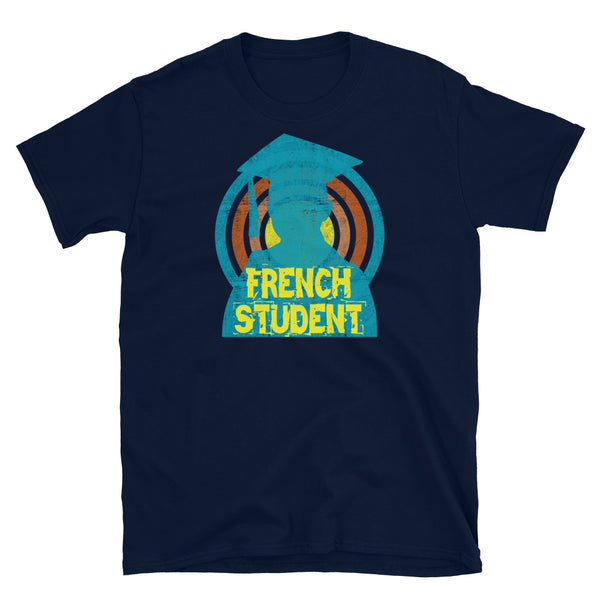 French Student novelty tee with a distressed style turquoise silhouetted student against a concentric circular design and the words French Student in bold yellow font on this navhy cotton fun graphic t-shirt by BillingtonPix