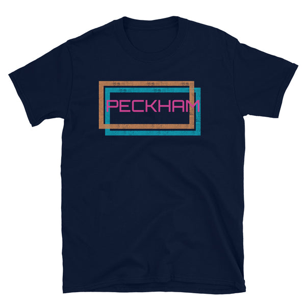 Peckham London neighbourhood in an offset double frame design of a blue and an orange distressed style framing on this navy cotton t-shirt by BillingtonPix