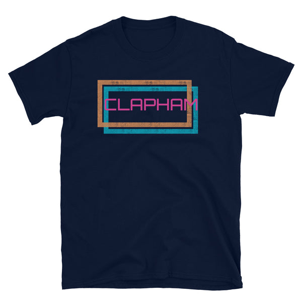 Retro futuristic disco style Clapham London neighbourhood in an offset double frame design of a blue and an orange distressed style framing on this navy cotton t-shirt by BillingtonPix