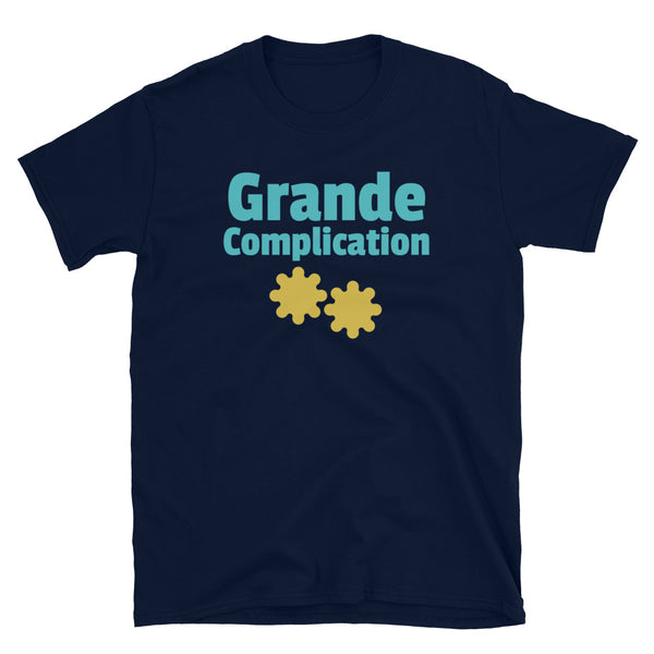 Grande Complication watch geek and watch lovers t-shirt written in bold blue font with orange cog wheels on this navy cotton t-shirt by BillingtonPix