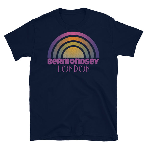 Retrowave 80s style graphic design t shirt depicting the London neighbourhood of Bermondsey on this navy cotton t-shirt