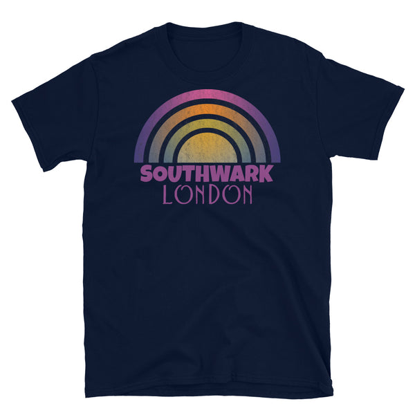 Retrowave 80s style graphic vintage sunset design t shirt depicting the London neighbourhood of Southwark on this navy cotton t-shirt