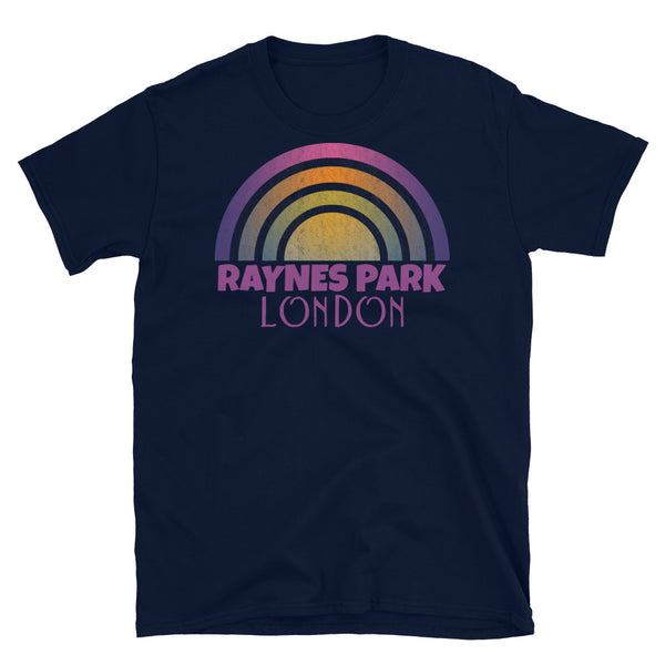 Retrowave 80s style graphic vintage sunset design t shirt depicting the London neighbourhood of Raynes Park on this navy cotton t-shirt