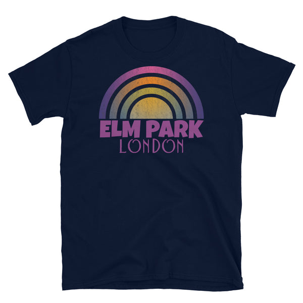Retrowave and Vaporwave 80s style graphic vintage sunset design tee depicting the London neighbourhood of Elm Park on this navy souvenir cotton t-shirt