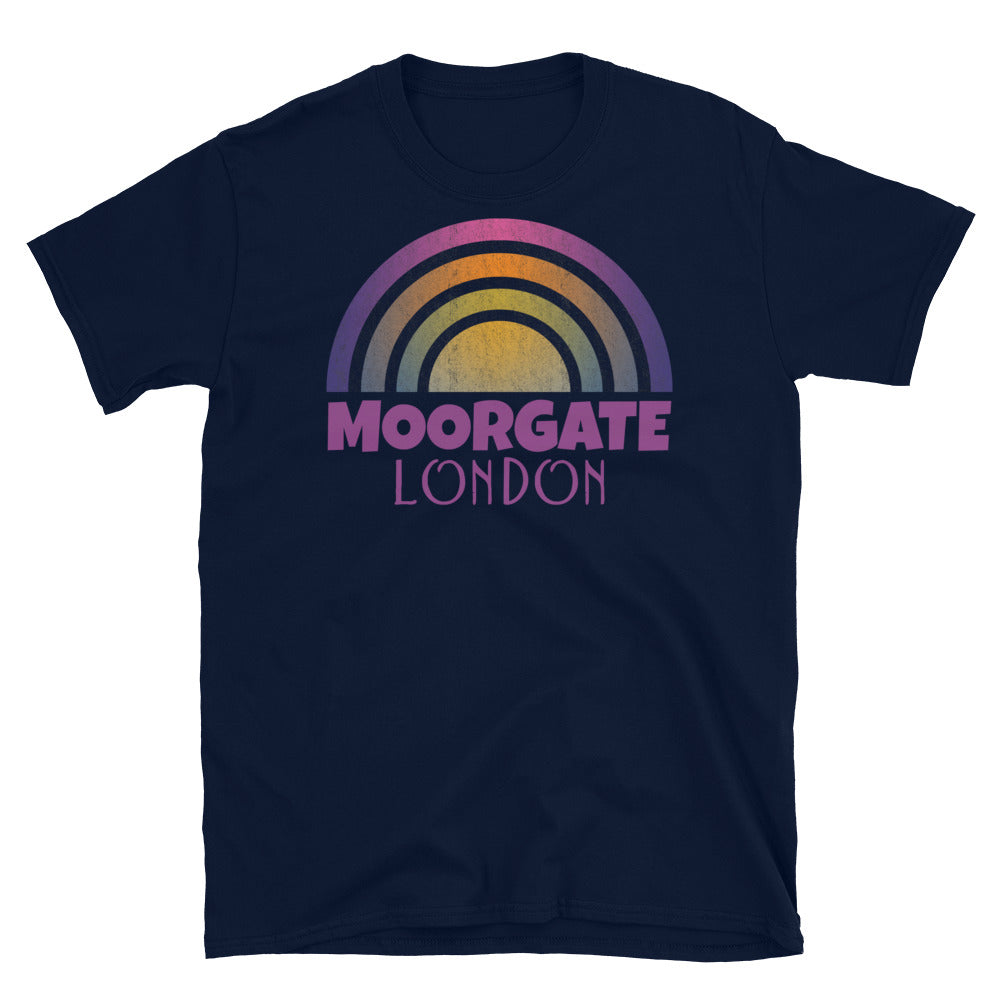 Retrowave and Vaporwave 80s style graphic vintage sunset design tee depicting the London neighbourhood of Moorgate on this navy souvenir cotton t-shirt