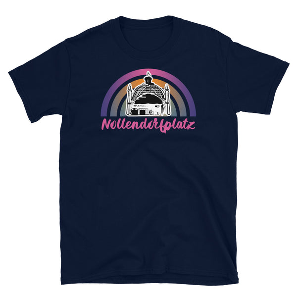 Cartoon outline of the U-Bahn station dome overlaying our concentric sunset graphic design in pinks, orange and purple with the word Nollendoftplatz written beneath in pink cursive font on this navy cotton graphic t-shirt by BillingtonPix
