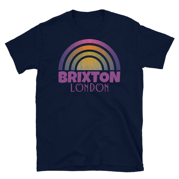 Retrowave and Vaporwave 80s style graphic gritty vintage sunset design tee depicting the London neighbourhood of Brixton on this navy souvenir cotton t-shirt