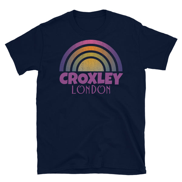 Retrowave and Vaporwave 80s style graphic gritty vintage sunset design tee depicting the London neighbourhood of Croxley on this navy souvenir cotton t-shirt