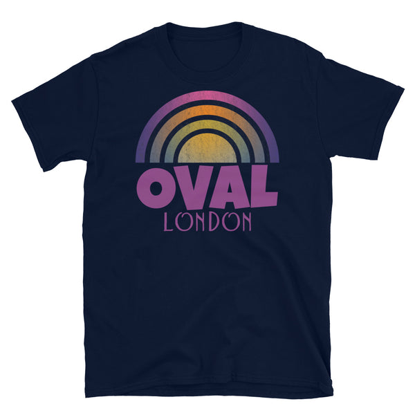 Retrowave and Vaporwave 80s style graphic gritty vintage sunset design tee depicting the London neighbourhood of Oval on this navy souvenir cotton t-shirt