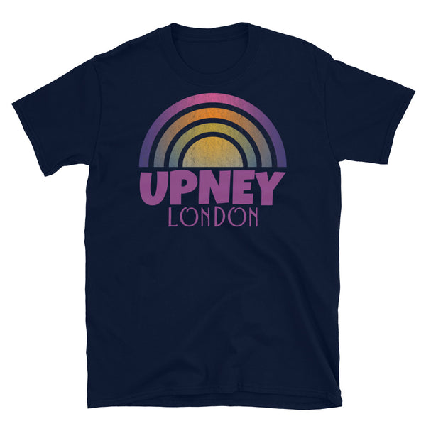 Retrowave and Vaporwave 80s style graphic gritty vintage sunset design tee depicting the London neighbourhood of Upney on this navy souvenir cotton t-shirt