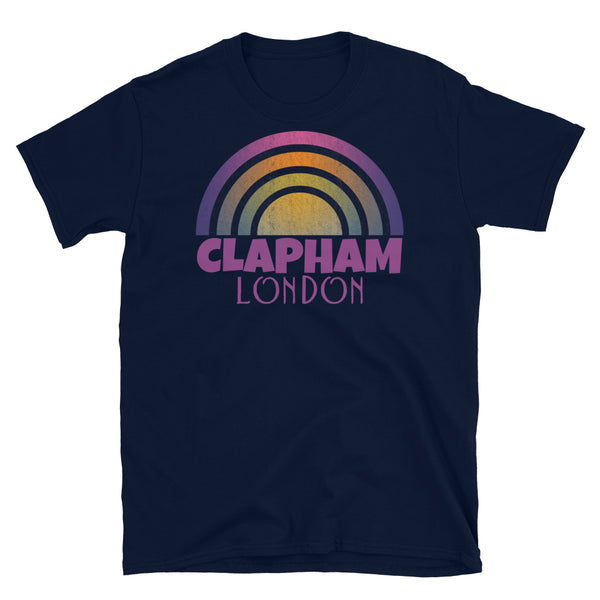 Retrowave and Vaporwave 80s style graphic gritty vintage sunset design tee depicting the London neighbourhood of Clapham on this navy souvenir cotton t-shirt