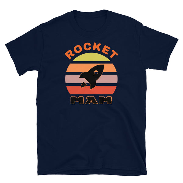 Rocket Mam funny graphic t-shirt with a black rocket outline against a vintage sunset graphic design in yellow, orange, pink and scarlet on this navy cotton t-shirt by BillingtonPix