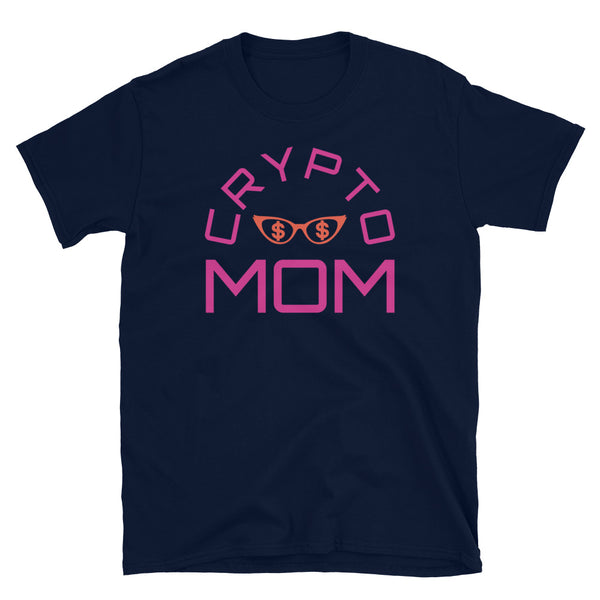 Crypto Mom funny graphic meme t-shirt with the words Crypto Mom in pink font and a pair of orange female glasses containing dollar or $ signs on this navy cotton short sleeved t-shirt by BillingtonPix