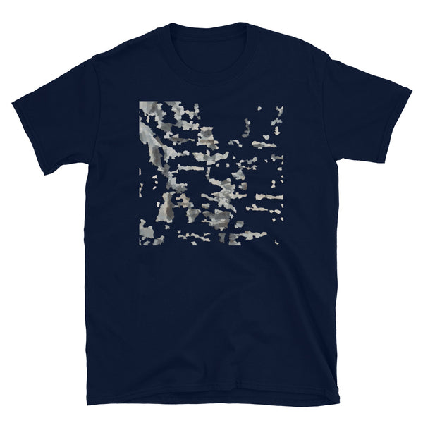 Gritty urban graphic navy cotton t-shirt with decayed newspaper effect graphic by BillingtonPix
