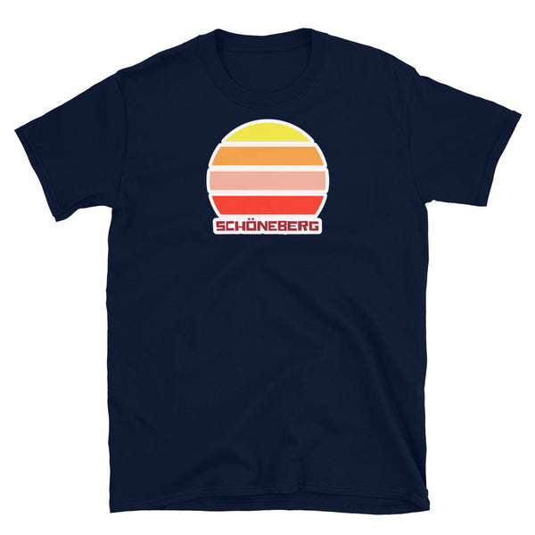 LGBT themed graphic t-shirt featuring vintage sunset graphic and the Berlin place name Schöneberg written underneath on this navy cotton t-shirt by BillingtonPix