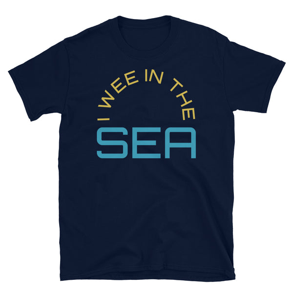 Funny meme slogan t-shirt containing the phrase I Wee in the Sea in yellow and blue font on this navy t-shirt by BillingtonPix