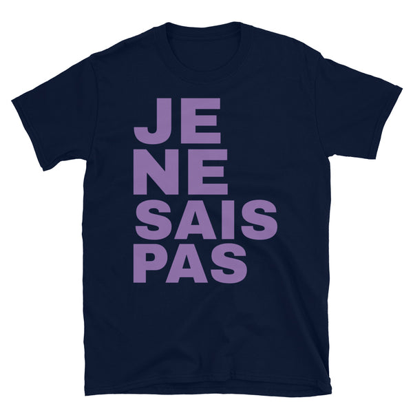Slogan t-shirt with the phrase Je ne sais pas in mauve left aligned block font  on this navy cotton tee by BillingtonPix