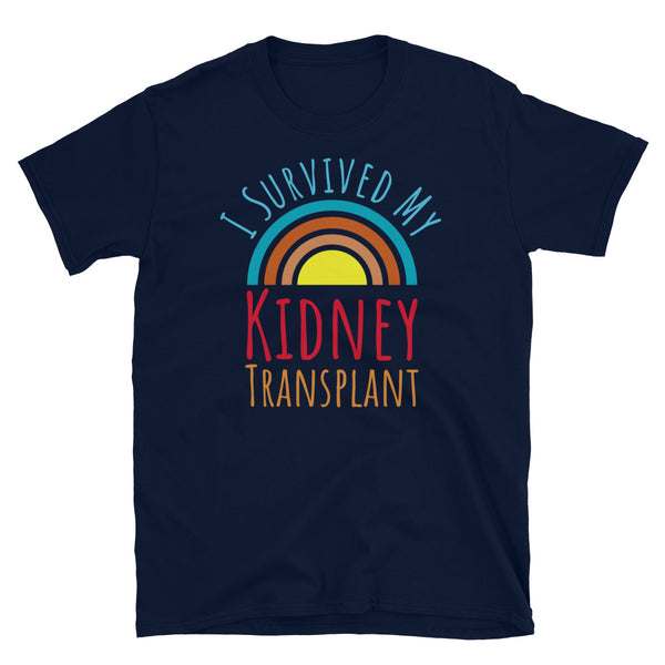 Celebration kidney transplant t shirt with the slogan I Survived My Kidney Transplant surrounding a vintage sunset in concentric  circles on this navy cotton t-shirt by BillingtonPix