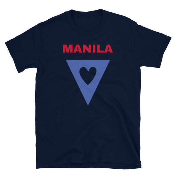 Manila slogan featuring a blue triangular shaped flag containing a cutout heart on this navy t-shirt by BillingtonPix