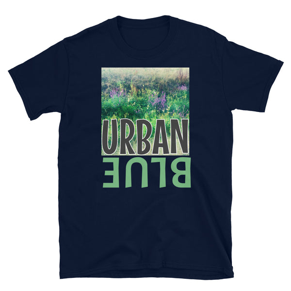 Graphic t-shirt showing a photographic nature scene of wild flowers with the word URBAN overlaid on top and the word BLUE in green font and mirrored format below on this navy cotton tee by BillngtonPix