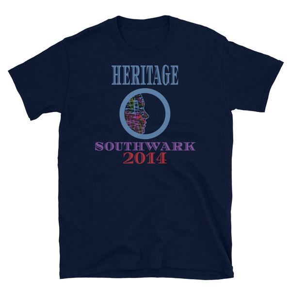 Graphic t-shirt with a patterned profile face in abstract design, tones of blue, green, purple, red, in circular format, with the words Heritage Southwark 2014 in blue, purple and red on this navy cotton t-shirt by BillingtonPix