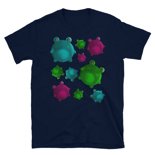 Multicoloured jumbled falling frogs with a grumpy expression in this Japanese kawaii style navy cotton t-shirt by BillingtonPix