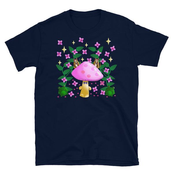 Cottagecore and kawaii style graphic t-shirt design, featuring mushrooms, frogs, field mice, flowers and leaves in a cute design on this navy cotton t shirt by BillingtonPix